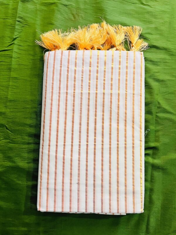 Kerala soft cotton saree with golden stripes and tussels