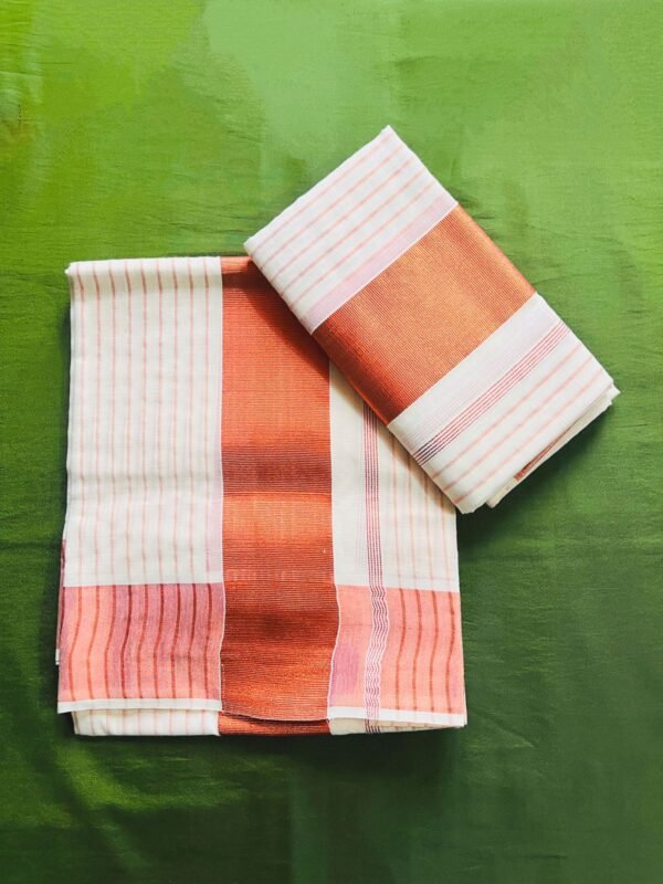 Kerala Set Mundu with copper border and stripes